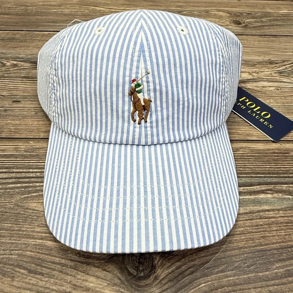 Polo Ralph Lauren Seersucker Ball Cap Hat Blue Stripe 100% Cotton NEW